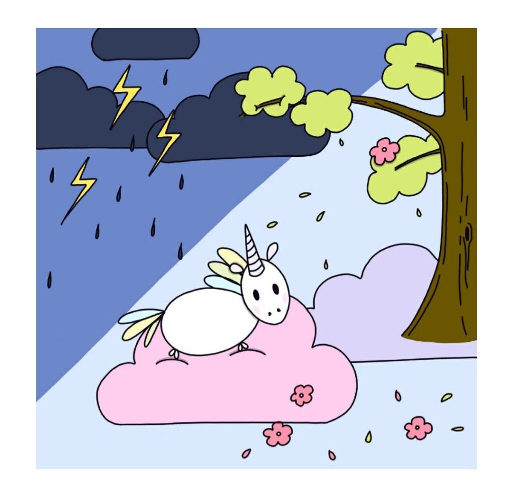 une licorne sous un orage